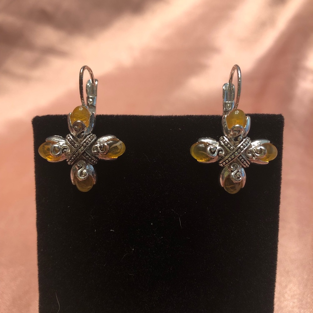 Vintage Yellow & Silver Cross Clasp Earrings
